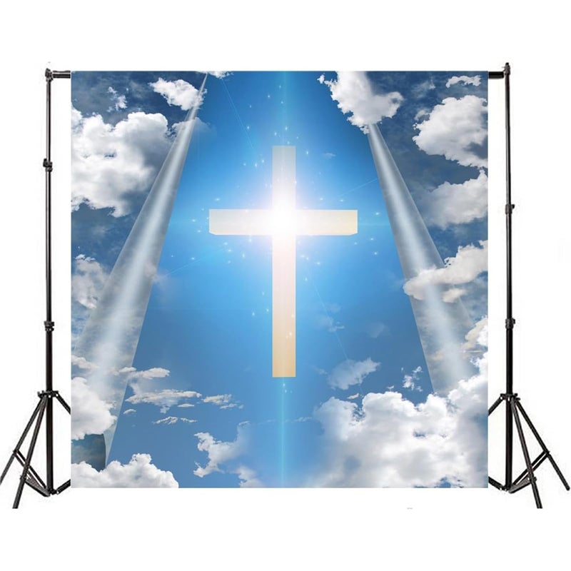 AOFOTO 5x5ft Christian Cross in Blue Sky Backdrop Divine Light Jesus Christ Easter Crucifix Photography Background Our Lord Resurrection Religious Lent Holy Week Passion Photo Studio Props Vinyl - Image 2